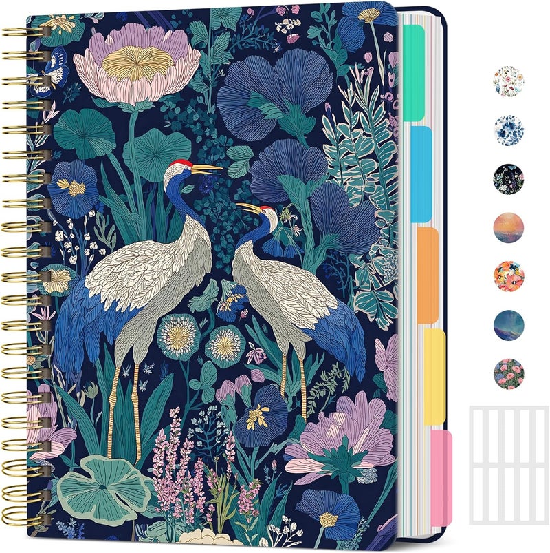 Taja Large Spiral Lined Notebooks for Work with Removable Dividers & Tabs, 8.5"x11" Pretty Hardcover 5 Subject Notebook Journal for Women, College Ruled, Perfect for Study & Office Organization, 280 Pages,Midnight Cranes - Image 1